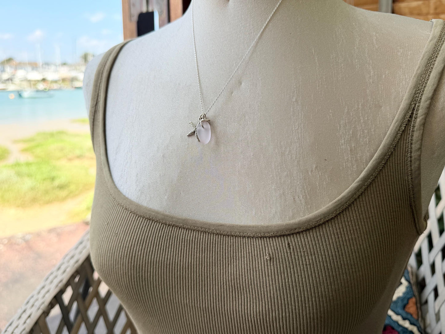 Eco friendly sea glass necklace on recycled sterling silver. Eco friendly jewellery. Ethical handmade jewellery. Starfish necklace.