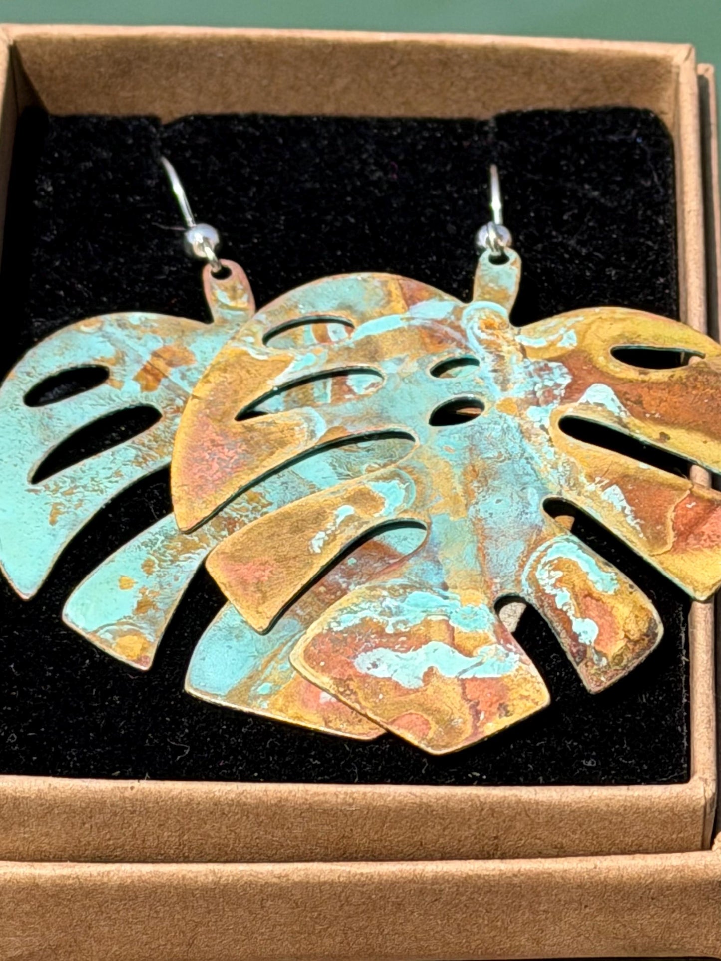 Handmade leaf earrings. Rustic earrings, unusual earrings, unusual gift for her, blue earrings, boho earrings, large statement earrings.