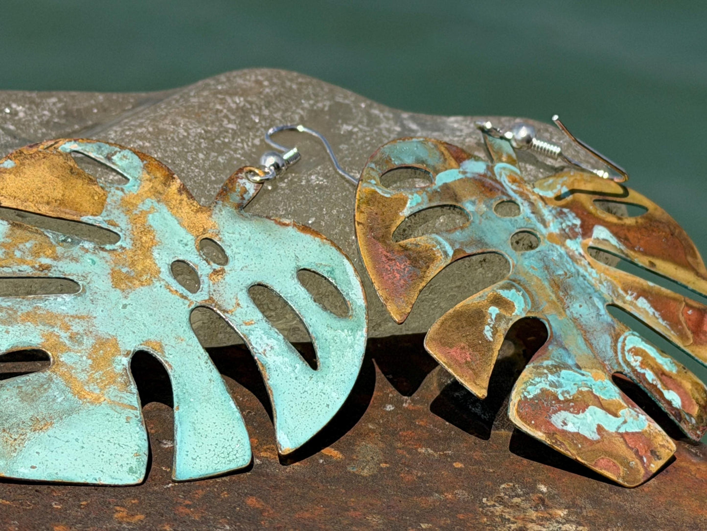 Handmade leaf earrings. Rustic earrings, unusual earrings, unusual gift for her, blue earrings, boho earrings, large statement earrings.