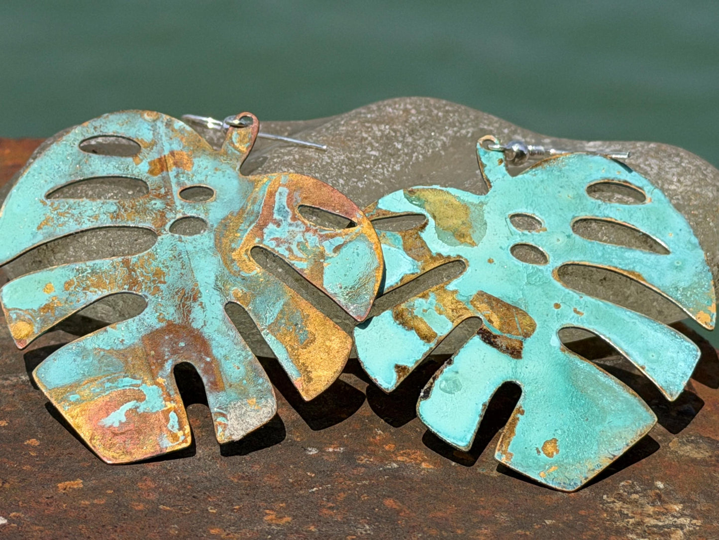 Handmade leaf earrings. Rustic earrings, unusual earrings, unusual gift for her, blue earrings, boho earrings, large statement earrings.