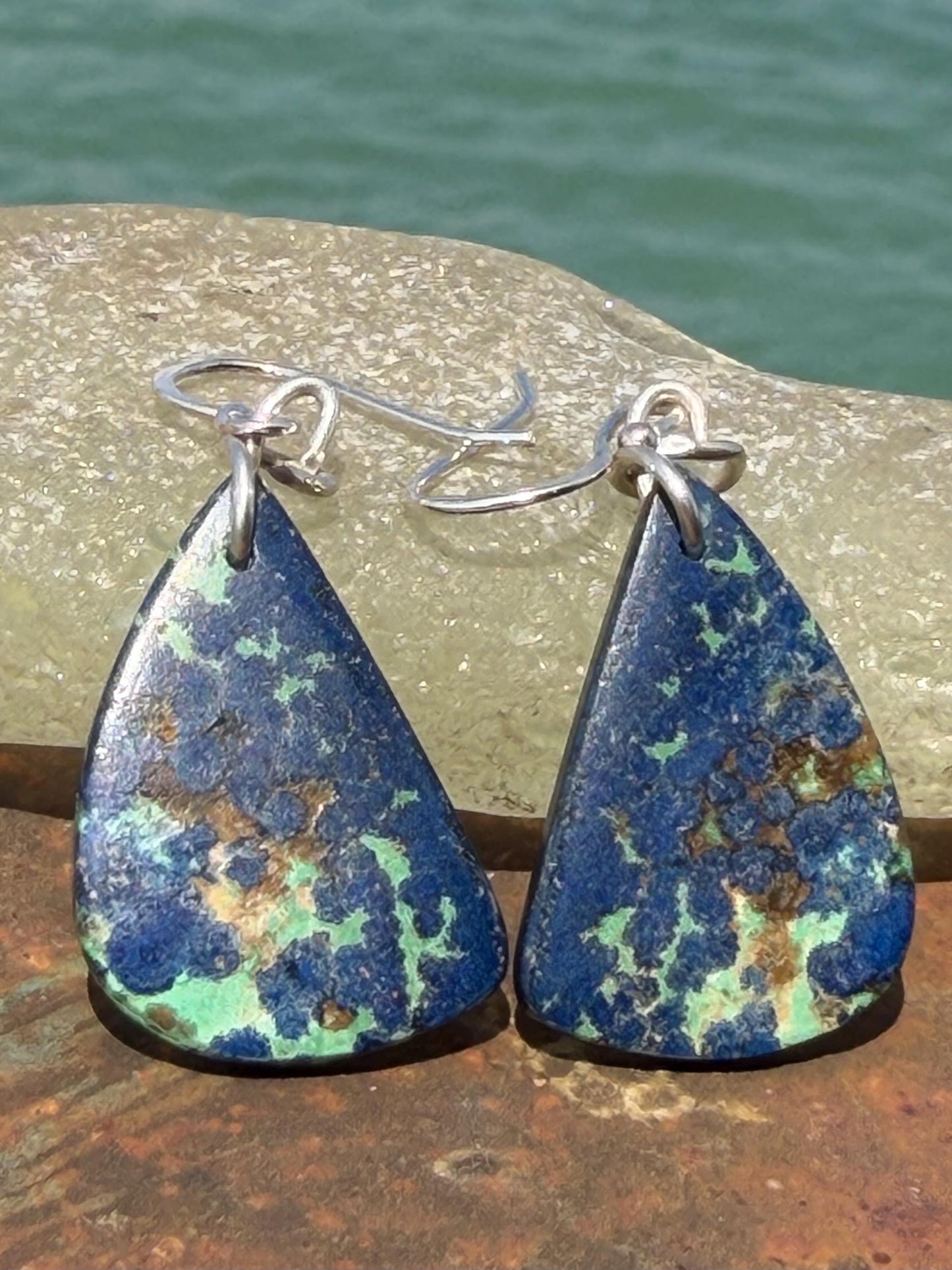 Chrysocolla gemstone earrings on recycled sterling silver. Ethical jewellery, blue gemstone earrings. Stunning unique jewellery. Unique gift