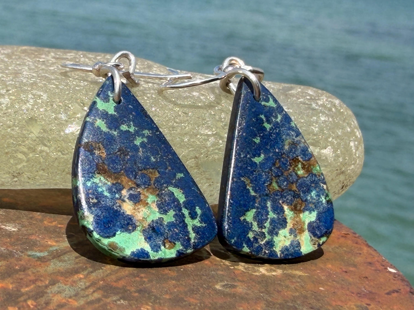 Chrysocolla gemstone earrings on recycled sterling silver. Ethical jewellery, blue gemstone earrings. Stunning unique jewellery. Unique gift