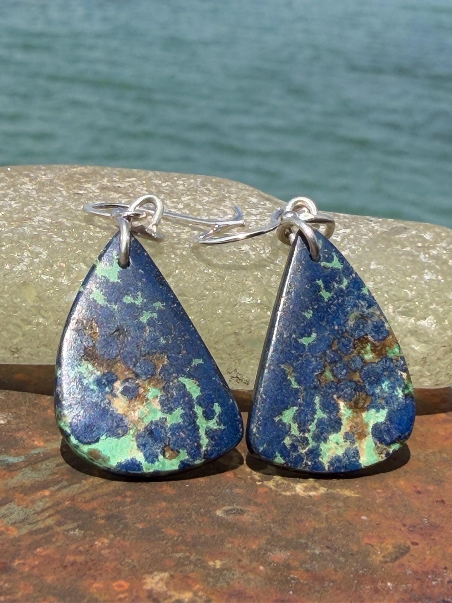 Chrysocolla gemstone earrings on recycled sterling silver. Ethical jewellery, blue gemstone earrings. Stunning unique jewellery. Unique gift