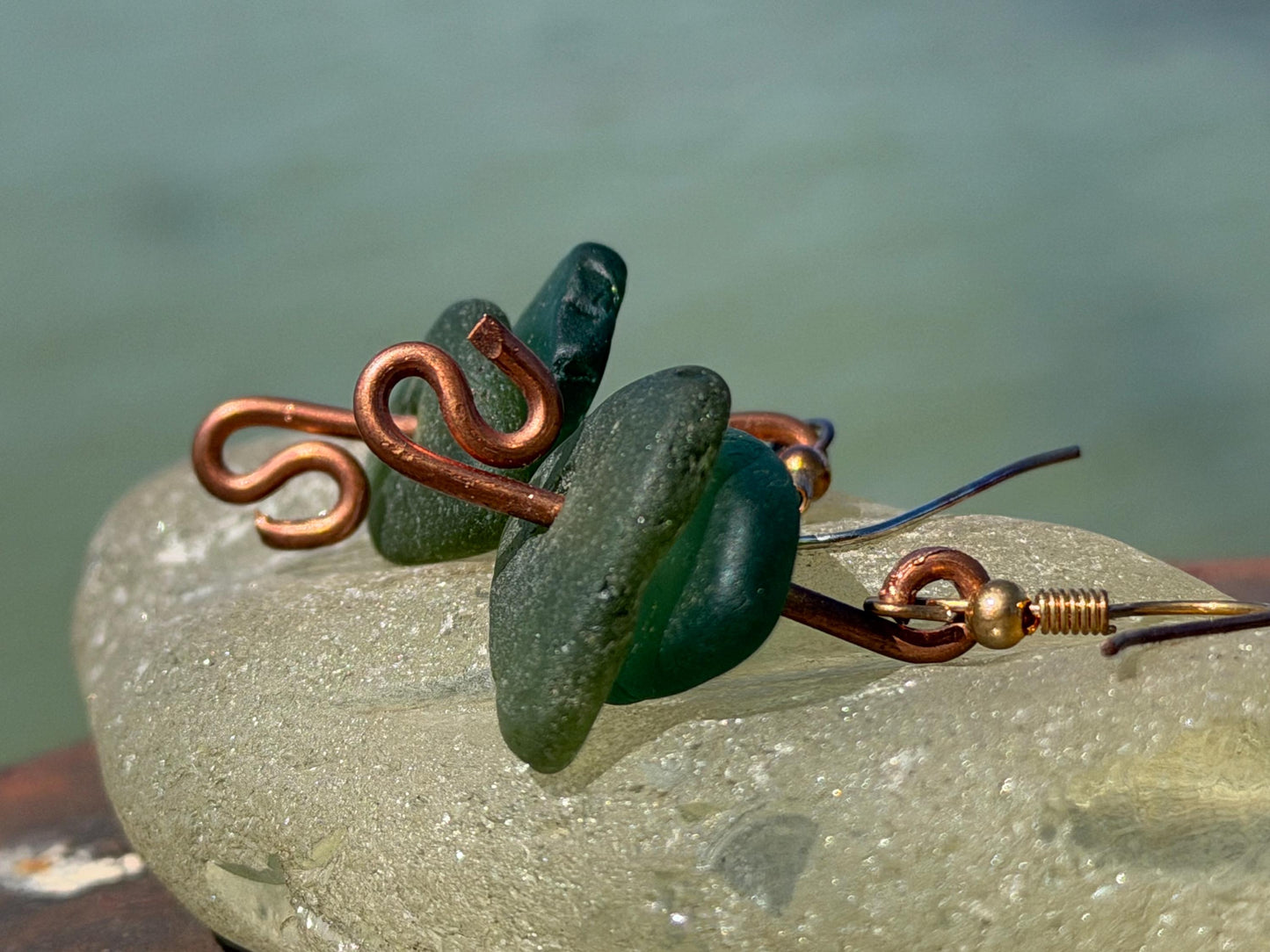 Handmade green sea glass on recycled copper. Unique earrings, ethical jewellery, unusual jewellery, eco friendly jewellery. Quirky jewellery