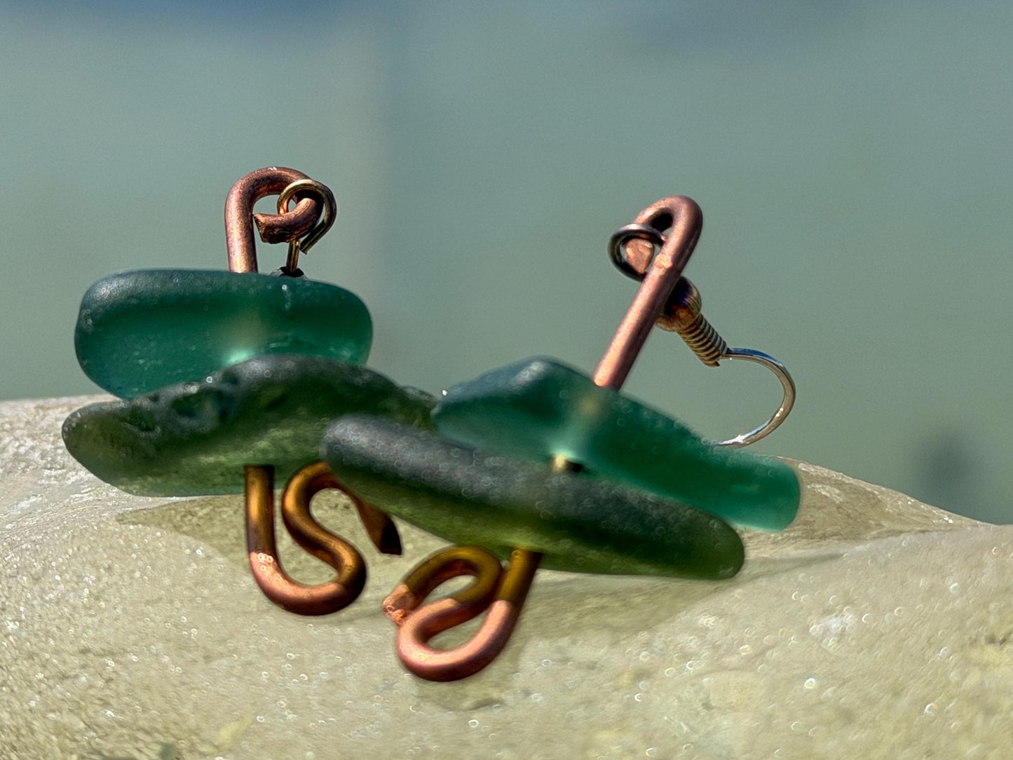 Handmade green sea glass on recycled copper. Unique earrings, ethical jewellery, unusual jewellery, eco friendly jewellery. Quirky jewellery