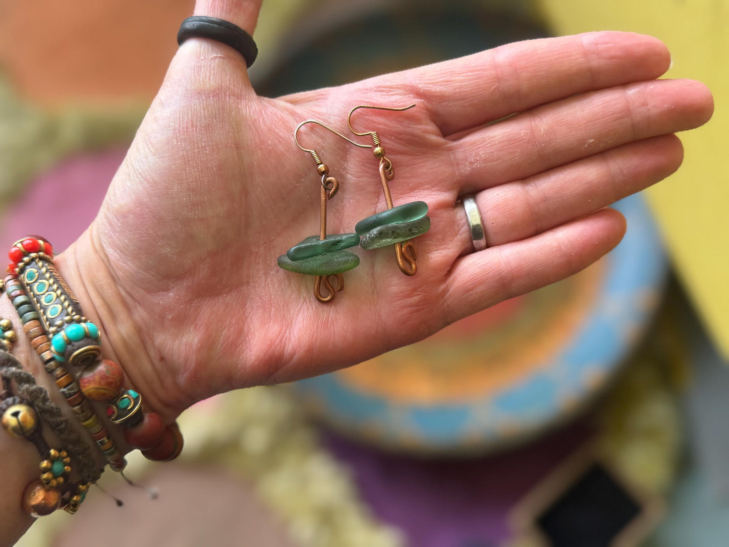 Handmade green sea glass on recycled copper. Unique earrings, ethical jewellery, unusual jewellery, eco friendly jewellery. Quirky jewellery