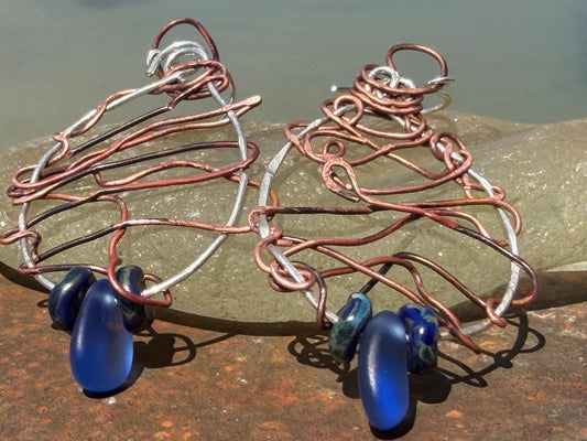 Handmade earrings. Sustainable jewellery, blue sea glass earrings. Handmade earrings, gift for her, eco friendly jewellery, ethical gifts