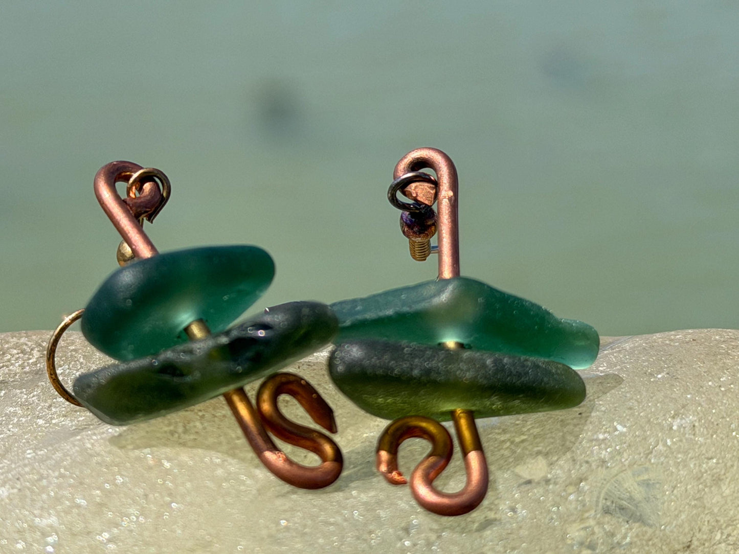 Handmade green sea glass on recycled copper. Unique earrings, ethical jewellery, unusual jewellery, eco friendly jewellery. Quirky jewellery