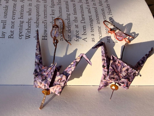 Bird origami earrings on recycled metals. Eco friendly jewellery. Bird earrings. Handmade bird jewellery. Pink birds. Ethical jewellery.