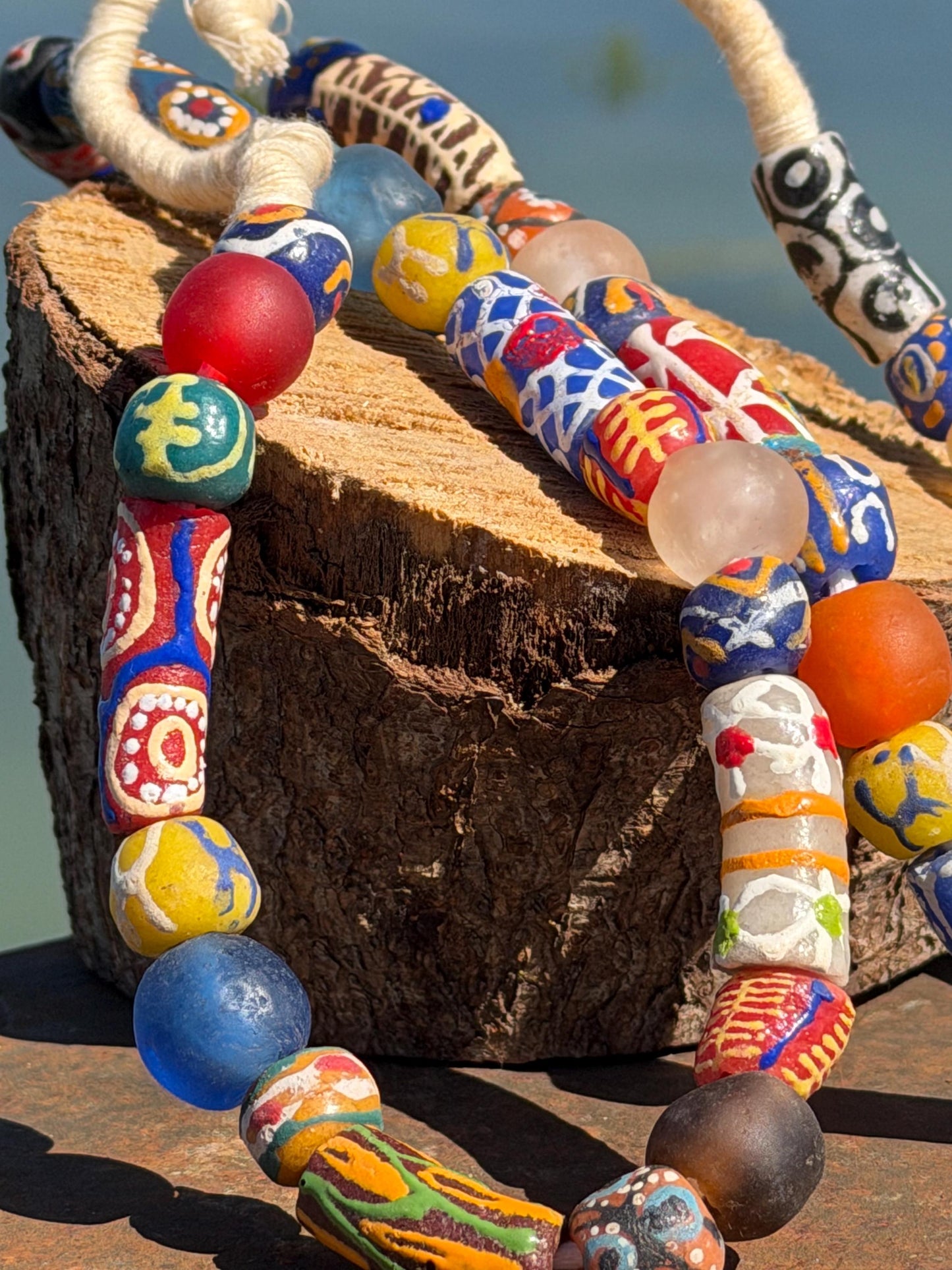 Fabulous hand painted glass necklaces. Recycled necklace, handmade bead necklace. Eco friendly jewellery. Ethical and sustainable gift.