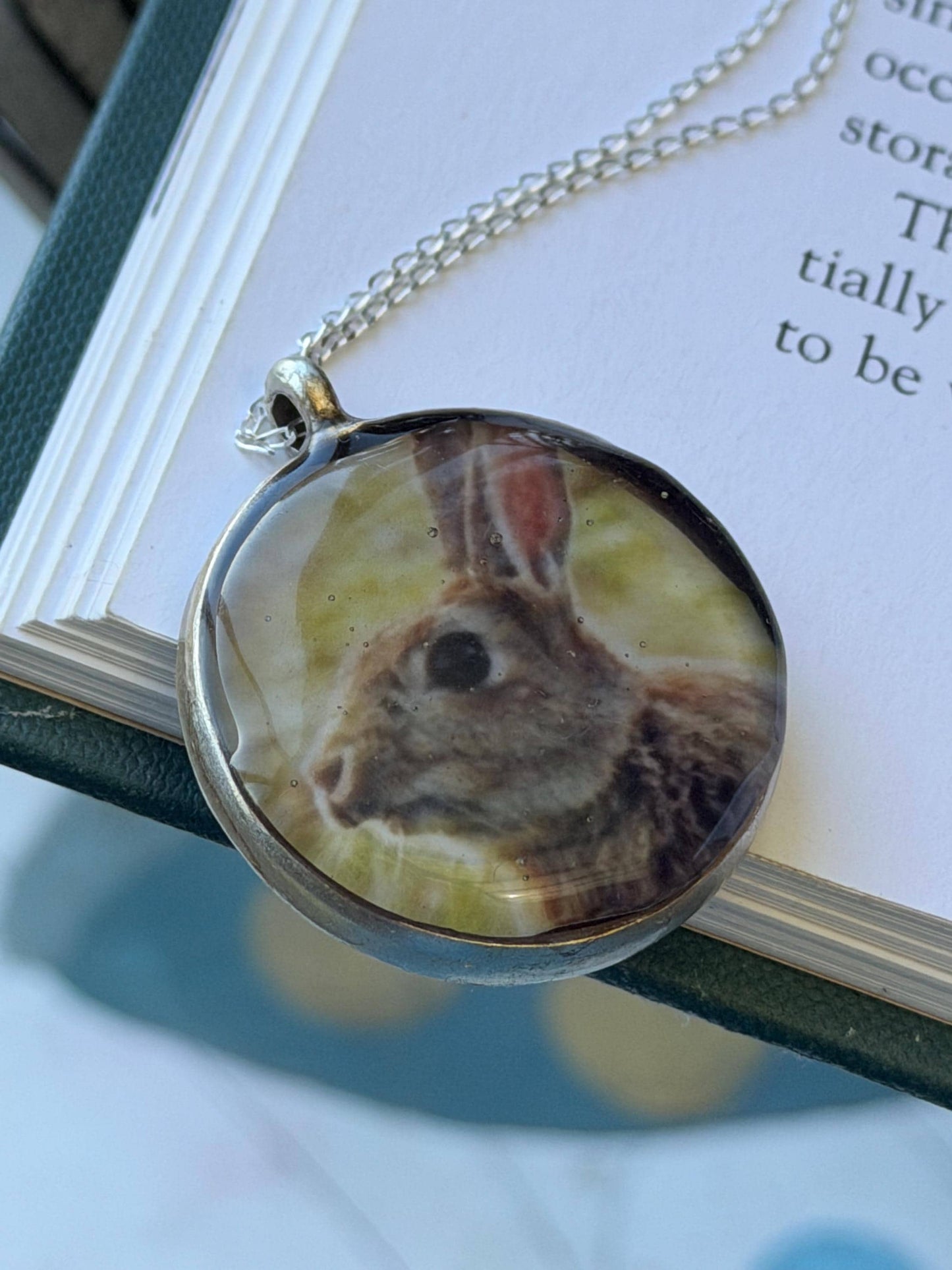 Bright joyful necklaces made with my own photos & recycled sterling silver. Eco friendly jewellery. Boho colourful pendants. Rabbit necklace