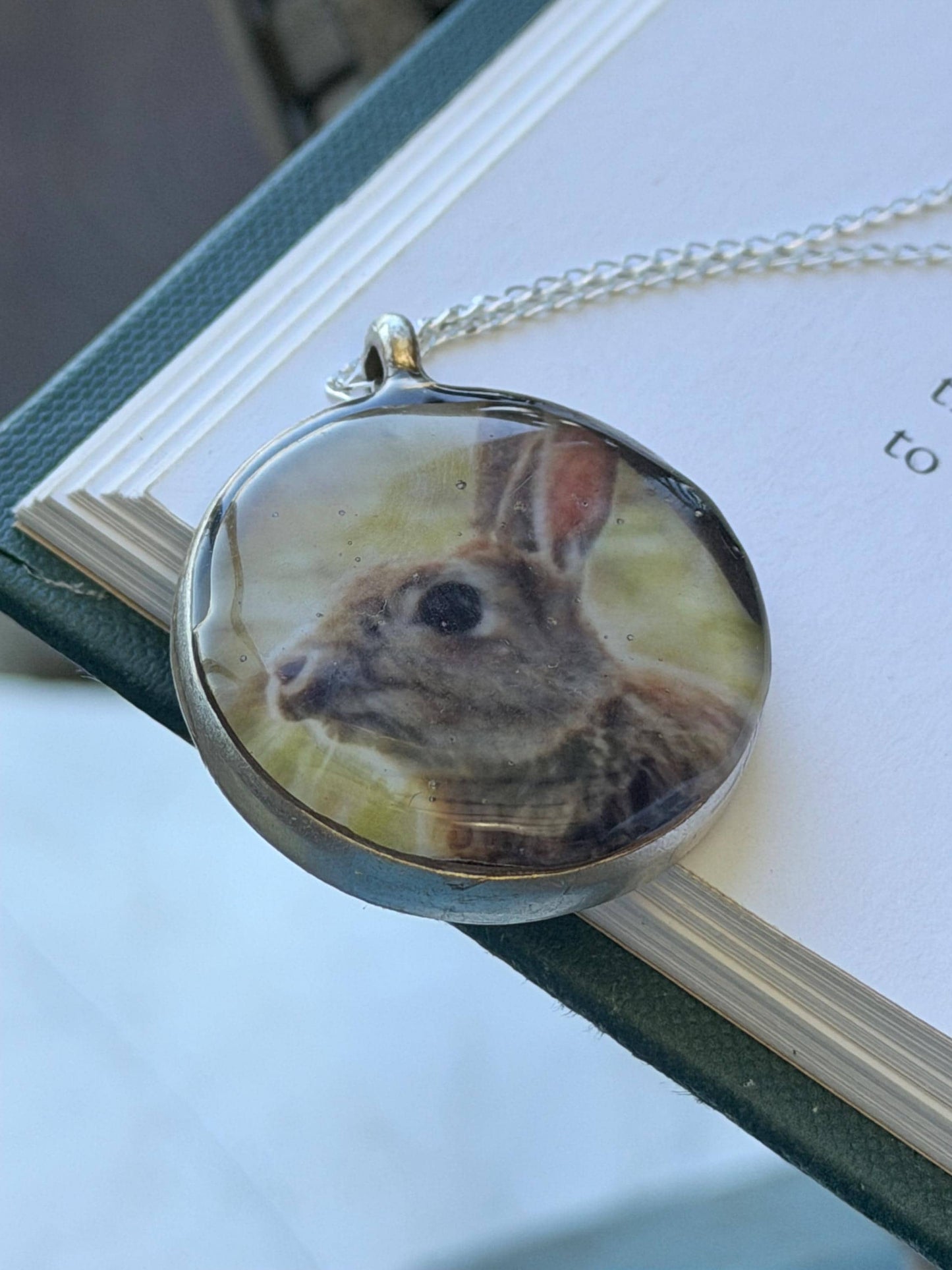 Bright joyful necklaces made with my own photos & recycled sterling silver. Eco friendly jewellery. Boho colourful pendants. Rabbit necklace
