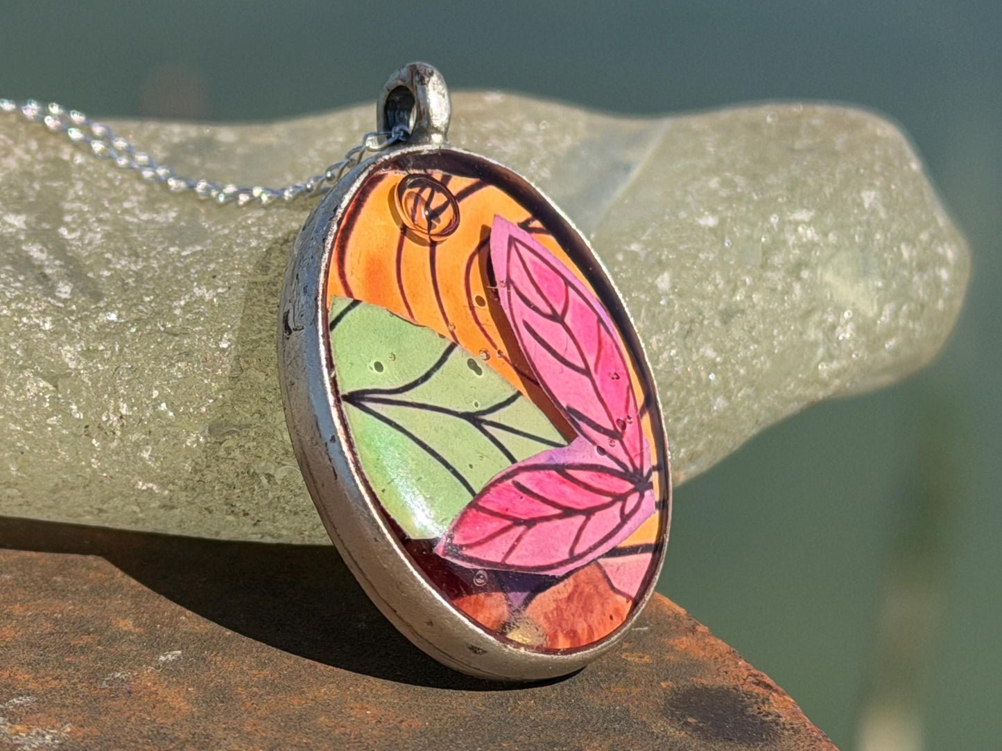 Bright joyful necklaces made with my own photos, drawings & recycled sterling silver. Eco friendly jewellery. Boho colourful pendants.