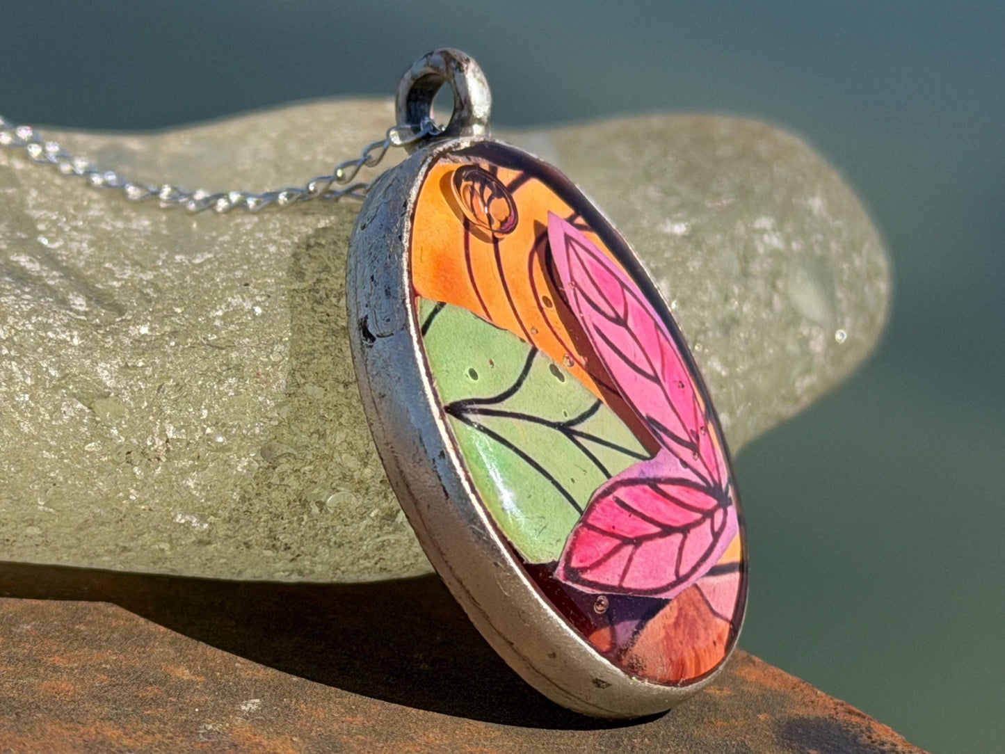Bright joyful necklaces made with my own photos, drawings & recycled sterling silver. Eco friendly jewellery. Boho colourful pendants.