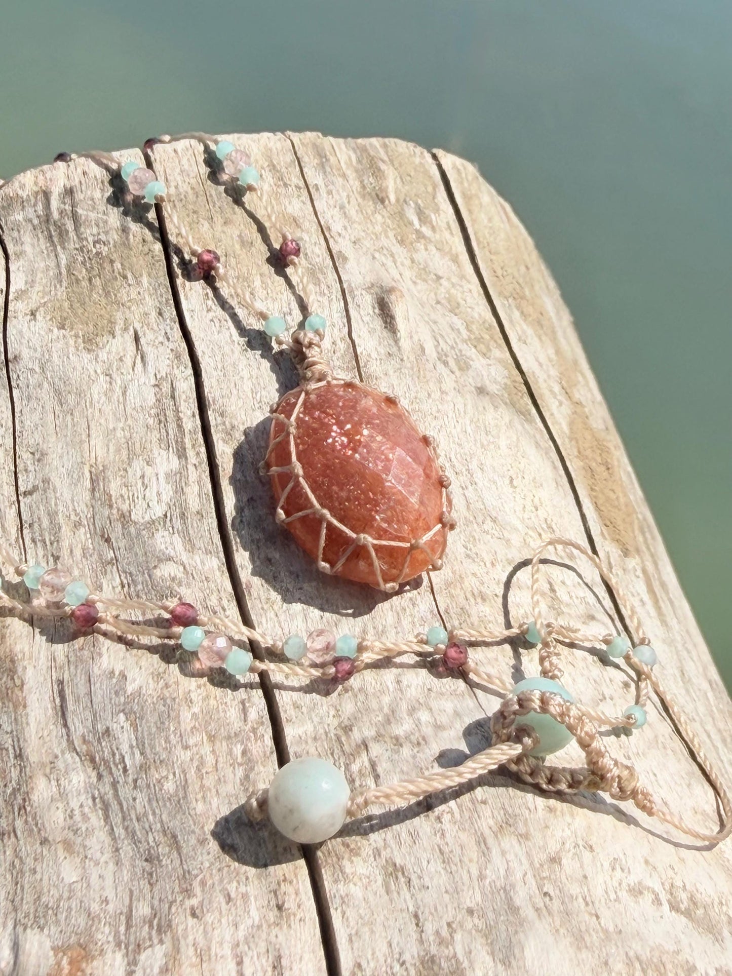 Sparkly handmade sunstone macrame necklace. Boho necklace, ethical jewellery, handmade necklace, unique gemstone necklace. Orange sunstone
