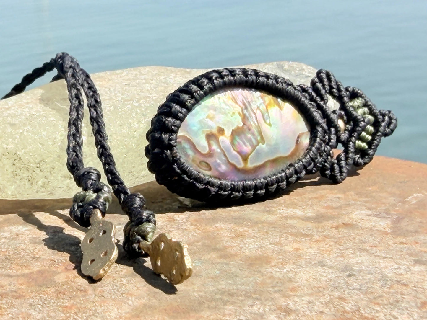 Stunning abalone necklace on an adjustable cord. Handmade gemstone necklace, boho jewellery. Macrame jewellery. Unique necklace.