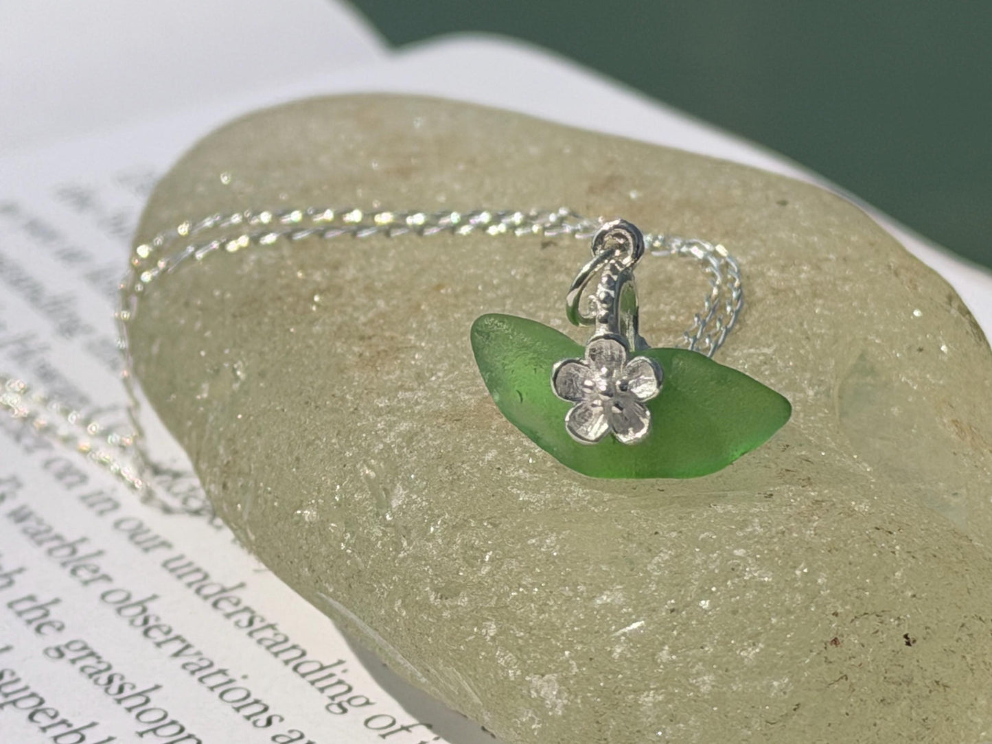 Dainty little sea glass necklace within sterling silver flowers. Recycled necklace. Ethical jewellery. Sea glass pendant. Eco friendly gifts