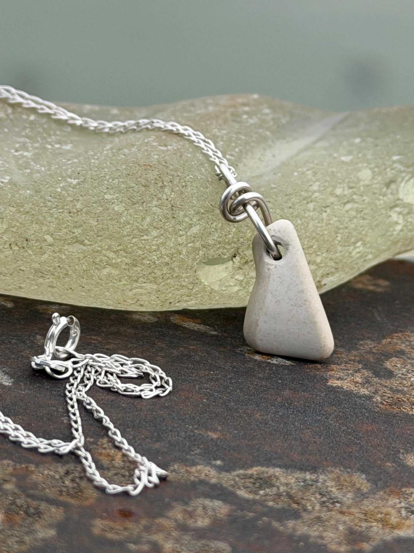 Eco friendly sea ceramic necklace on a sterling silver chain. Eco friendly jewellery, ethical jewellery. Eco friendly necklace.