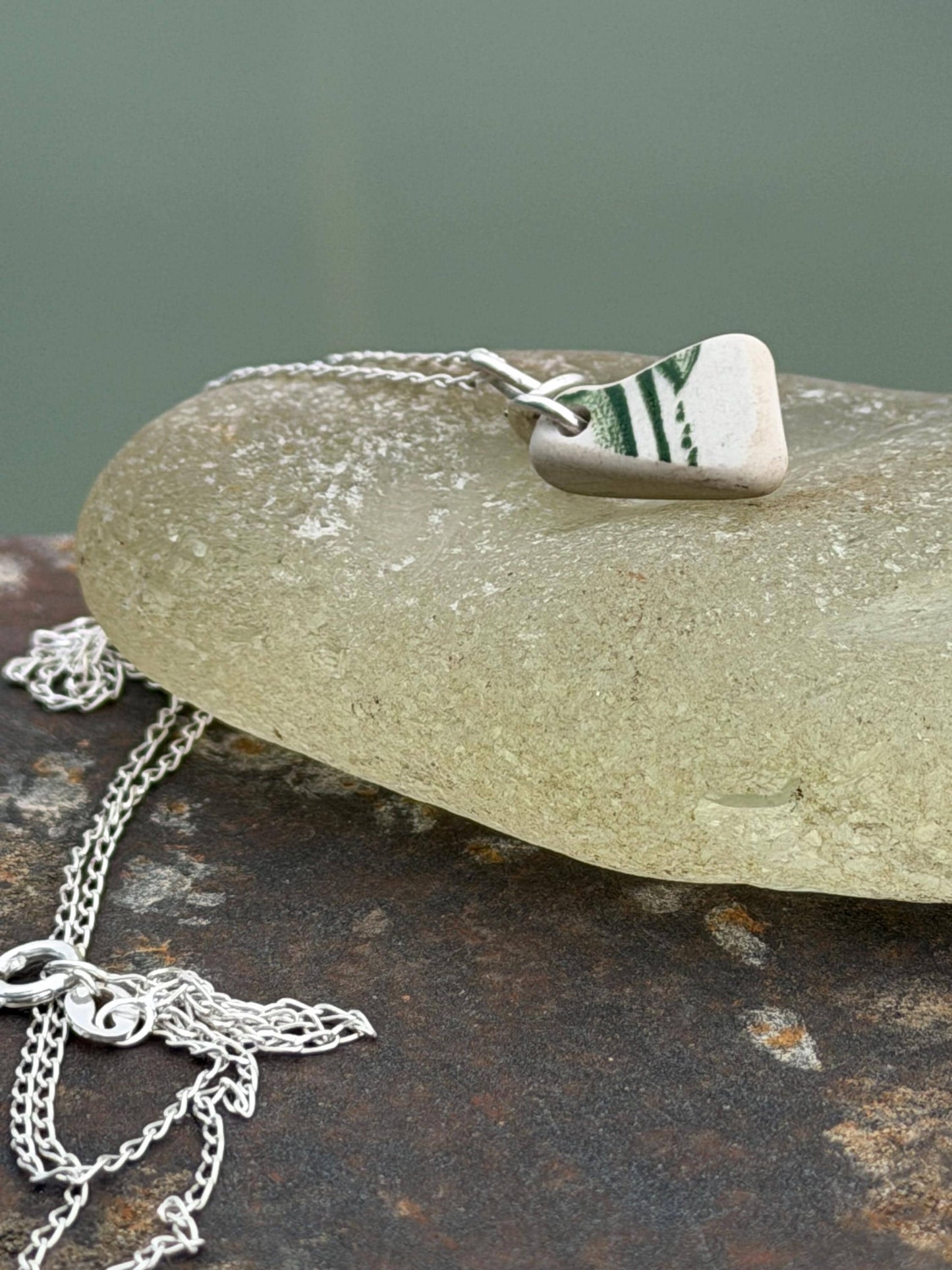 Eco friendly sea ceramic necklace on a sterling silver chain. Eco friendly jewellery, ethical jewellery. Eco friendly necklace.