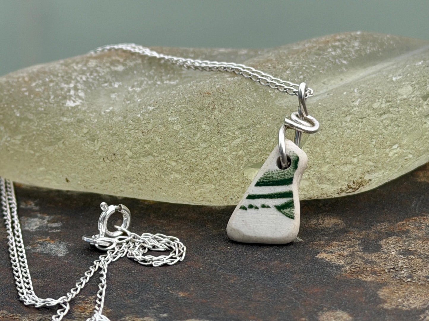 Eco friendly sea ceramic necklace on a sterling silver chain. Eco friendly jewellery, ethical jewellery. Eco friendly necklace.