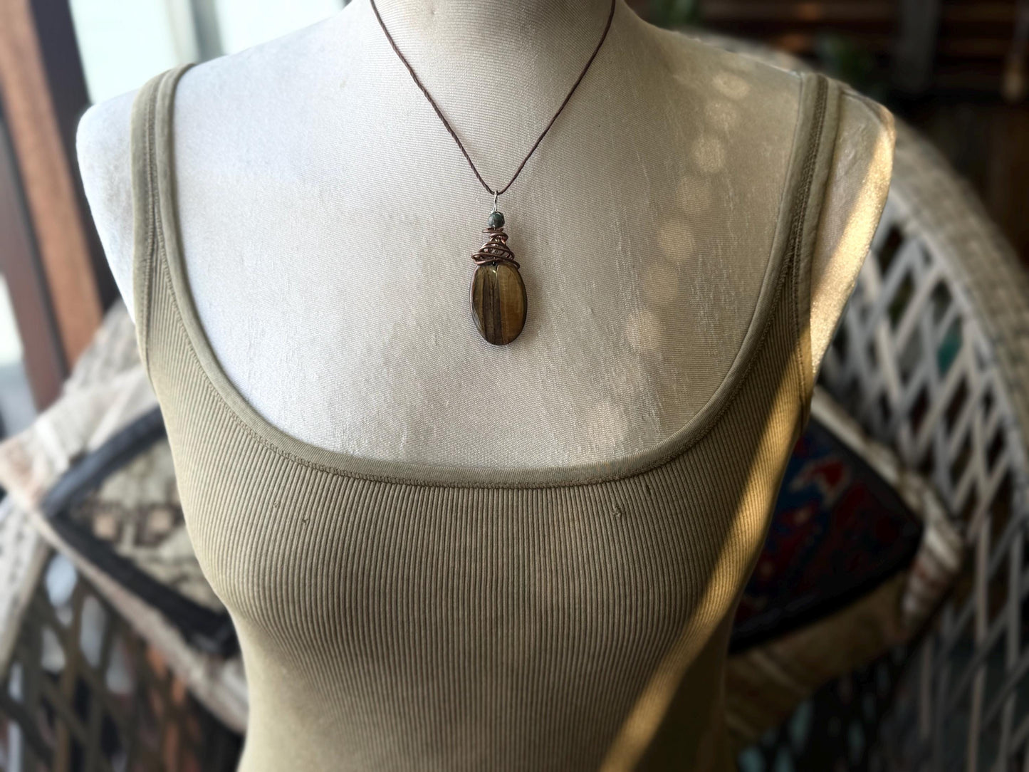 Ethically sourced tigers eye necklace wrapped in recycled copper. Eco friendly jewellery. Ethical jewellery, sustainable, handmade necklace.