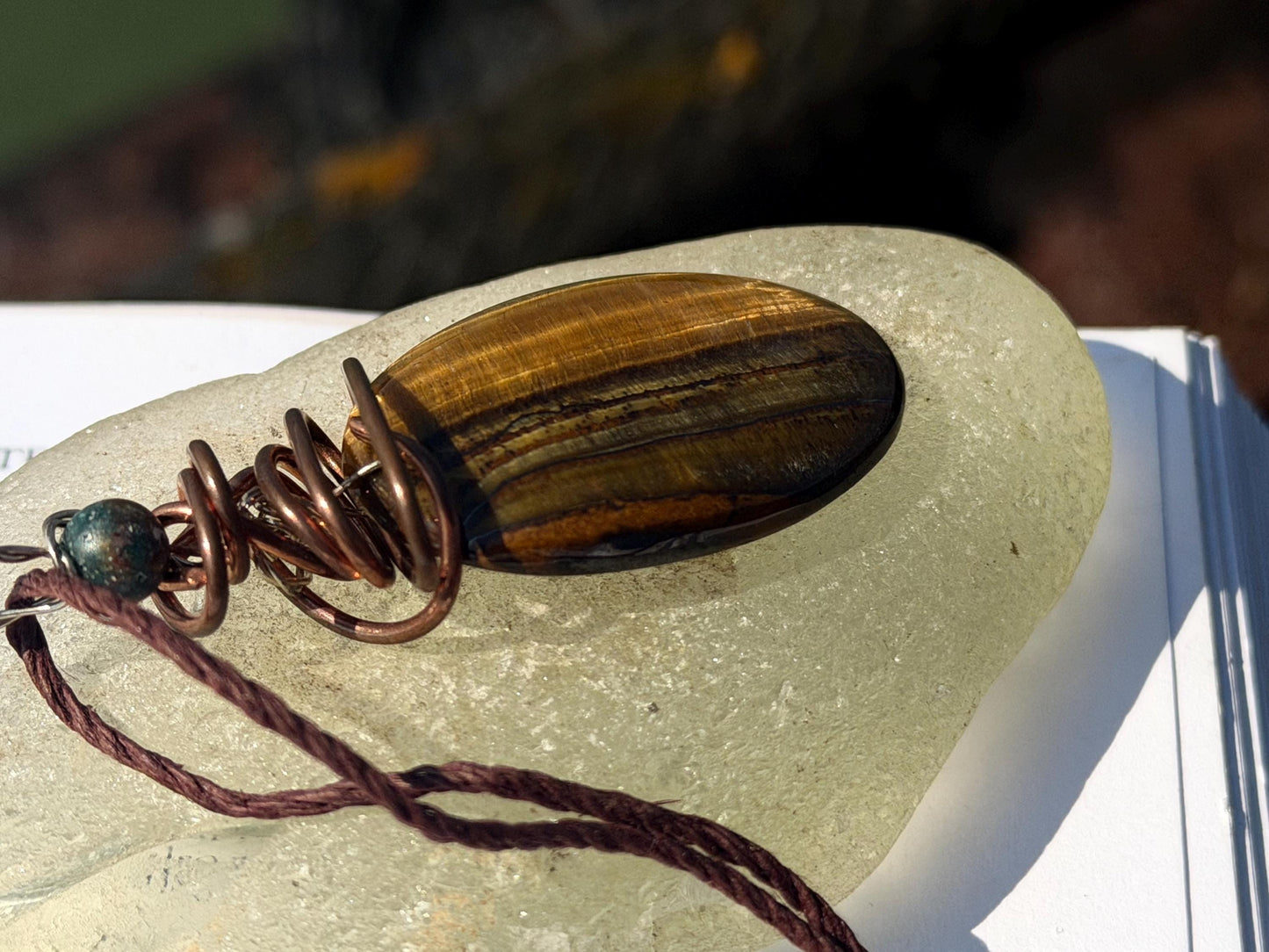 Ethically sourced tigers eye necklace wrapped in recycled copper. Eco friendly jewellery. Ethical jewellery, sustainable, handmade necklace.
