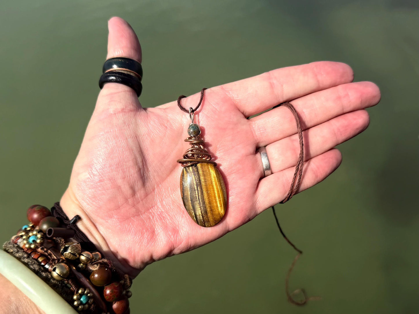 Ethically sourced tigers eye necklace wrapped in recycled copper. Eco friendly jewellery. Ethical jewellery, sustainable, handmade necklace.