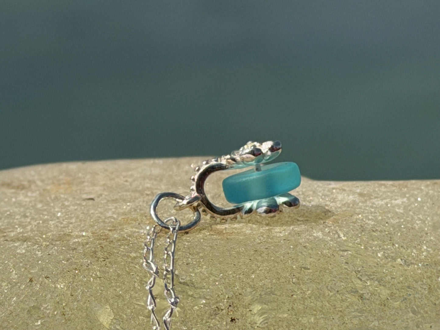 Dainty little sea glass necklace within sterling silver flowers. Recycled necklace. Ethical jewellery. Sea glass pendant. Eco friendly gifts