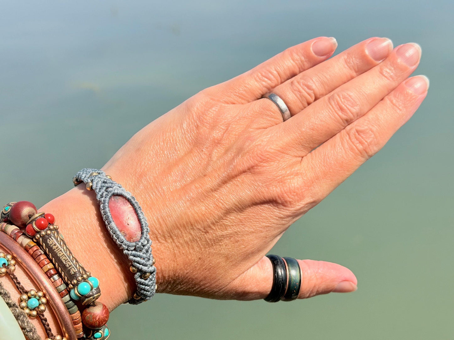 Stunning Rhodochrosite pink bracelet, ethical jewellery, unusual jewellery, rhodochrosite jewellery. Pink macrame bracelet. Boho jewellery.
