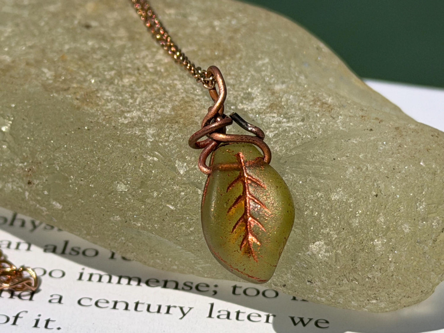 Green glass leaf necklace. Handmade necklace, leaf jewellery, gift for gardener, unusual necklace, unique jewellery. Earthy necklace