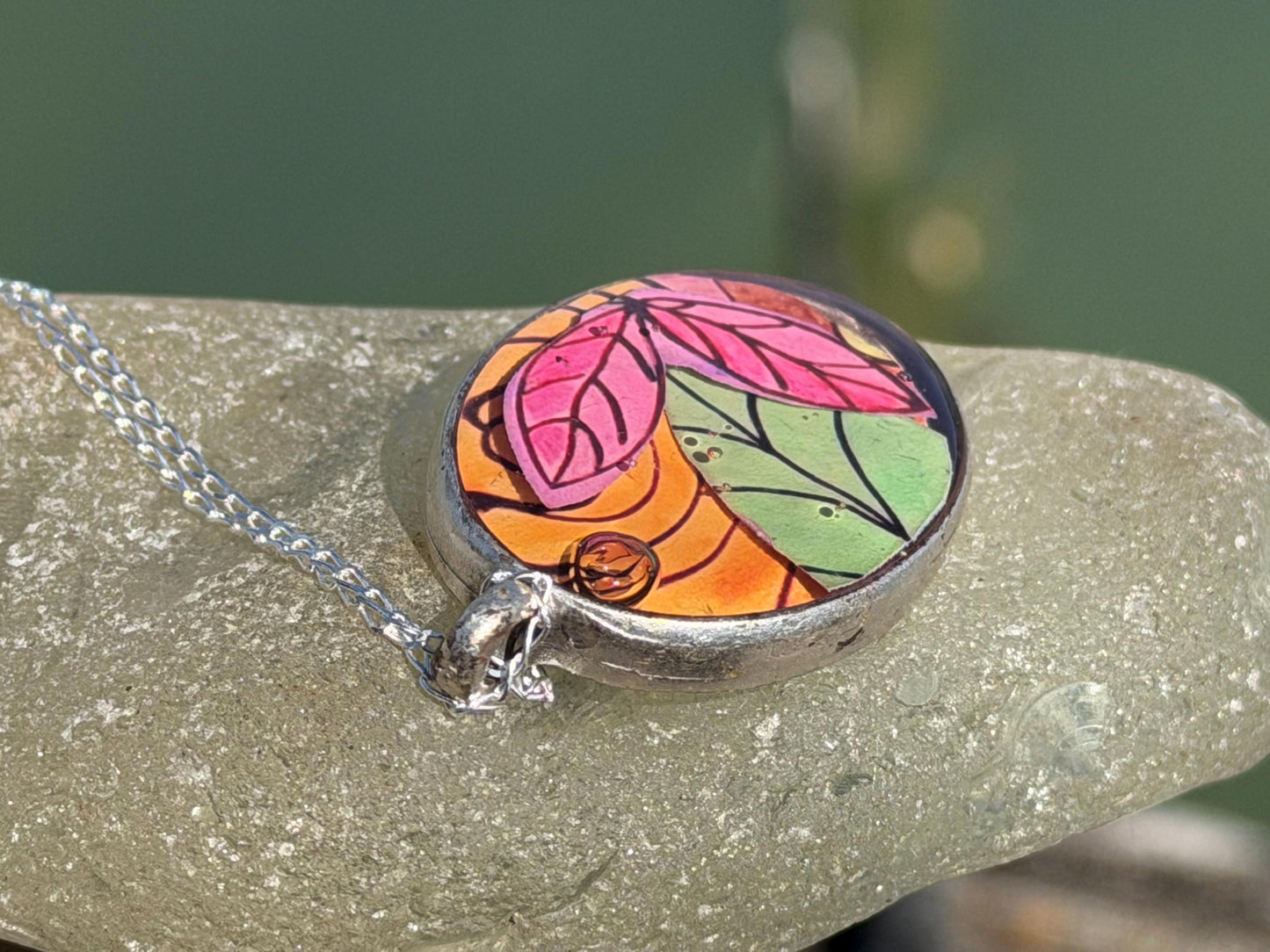 Bright joyful necklaces made with my own photos, drawings & recycled sterling silver. Eco friendly jewellery. Boho colourful pendants.