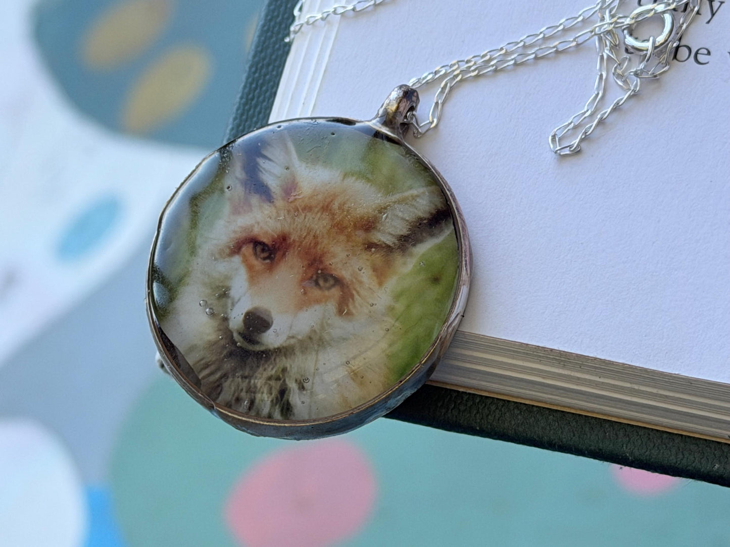 Fox necklace made with my own photo & recycled sterling silver. Eco friendly jewellery. Wildlife photography. Unique jewellery.