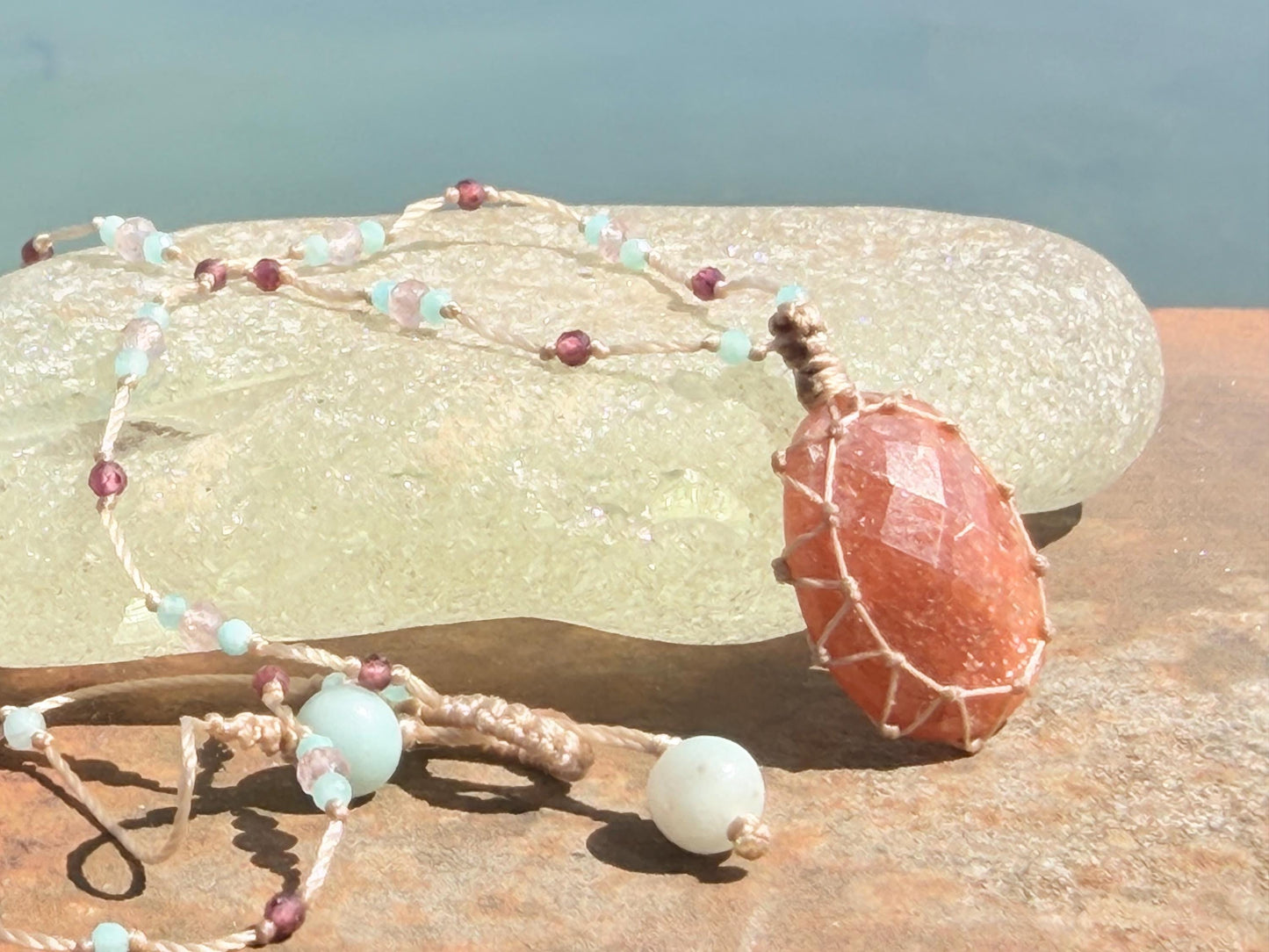 Sparkly handmade sunstone macrame necklace. Boho necklace, ethical jewellery, handmade necklace, unique gemstone necklace. Orange sunstone
