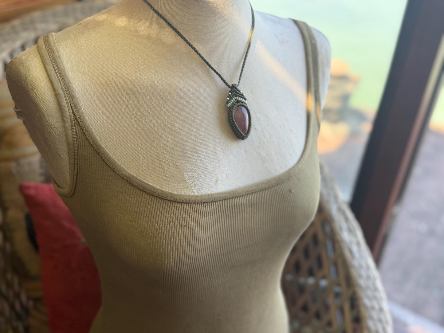 Stunning strawberry quartz necklace on an adjustable cord. Handmade gemstone necklace, boho jewellery. Macrame jewellery. Unique necklace.