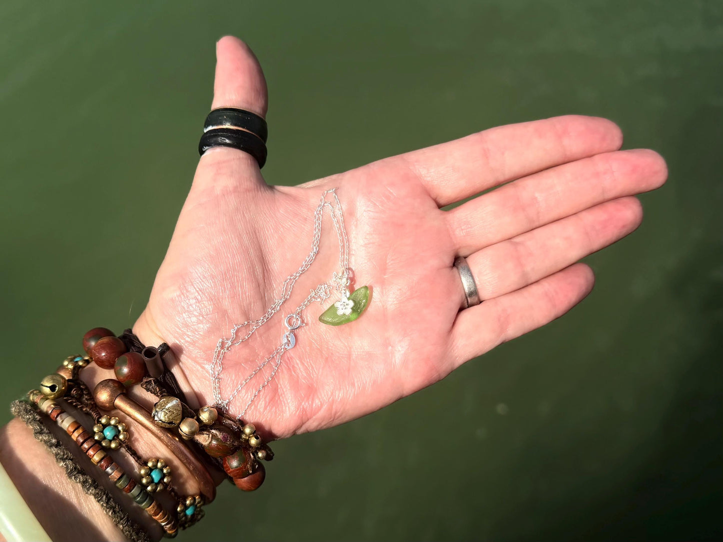 Dainty little sea glass necklace within sterling silver flowers. Recycled necklace. Ethical jewellery. Sea glass pendant. Eco friendly gifts