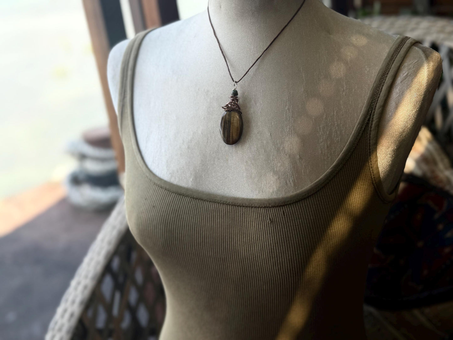 Ethically sourced tigers eye necklace wrapped in recycled copper. Eco friendly jewellery. Ethical jewellery, sustainable, handmade necklace.