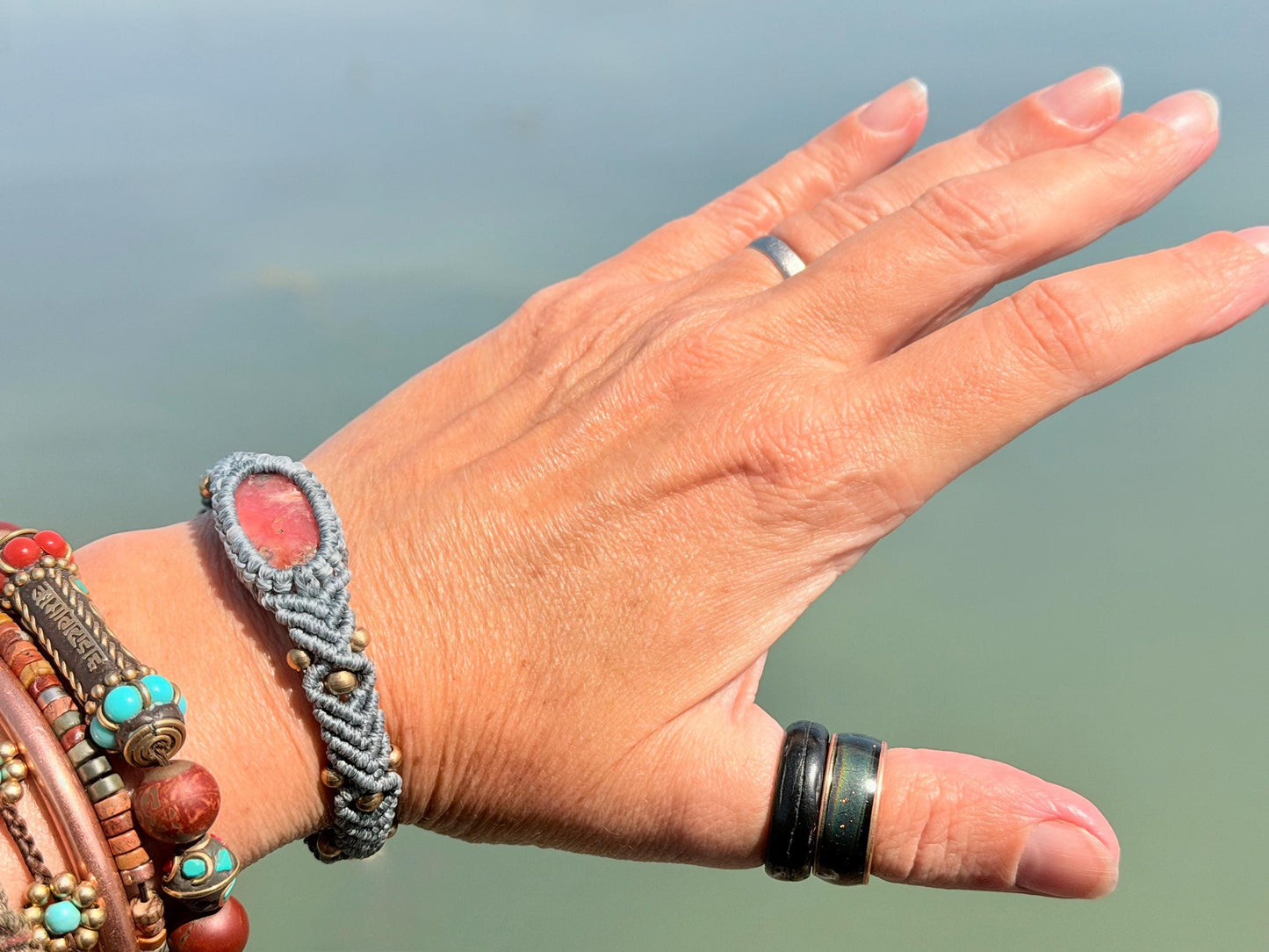 Stunning Rhodochrosite pink bracelet, ethical jewellery, unusual jewellery, rhodochrosite jewellery. Pink macrame bracelet. Boho jewellery.
