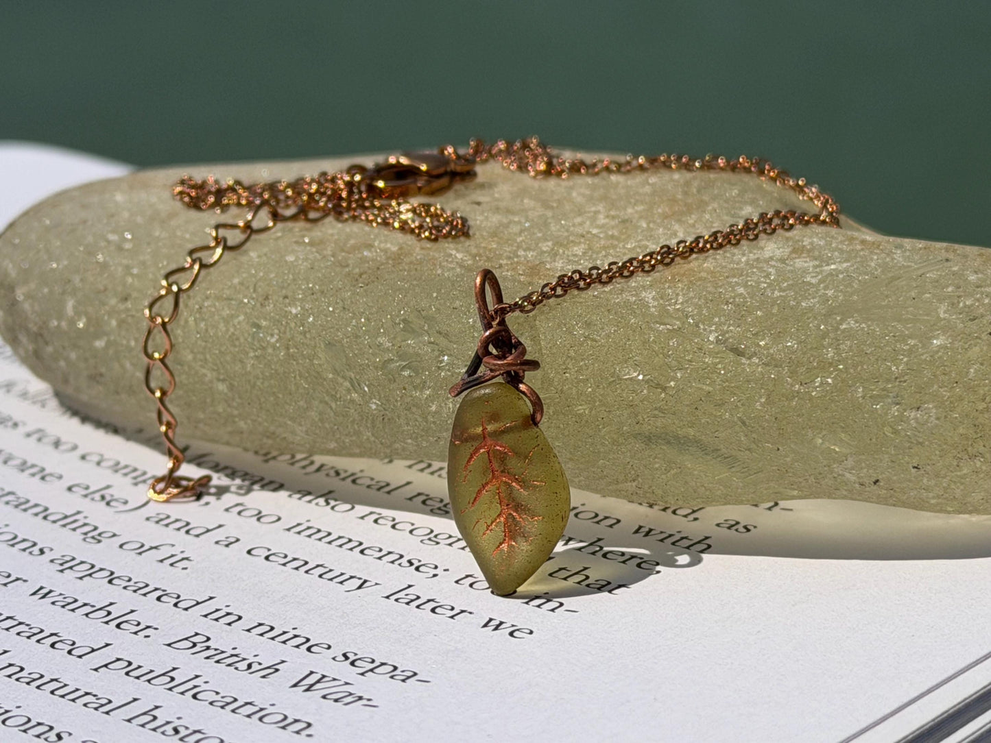 Green glass leaf necklace. Handmade necklace, leaf jewellery, gift for gardener, unusual necklace, unique jewellery. Earthy necklace
